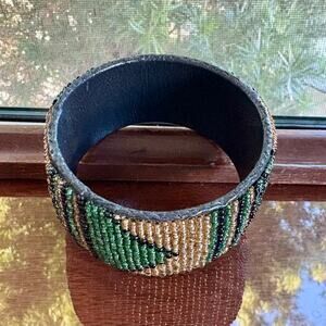 Vintage Beaded Cuff Bracelet Green Gold Glass Seed Beads Leather Lined